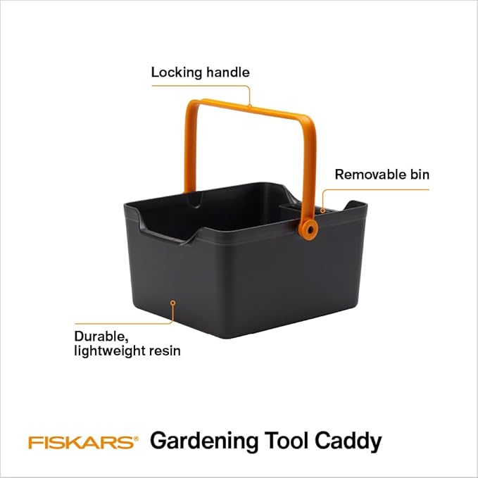 Fiskars Garden Tool Caddy, Portable Storage Organizer with Locking Handle and Removable Bin (Wall-Mountable) for Snips & Pruners, Durable Recycled Resin Carrier for Indoor & Outdoor Gardening