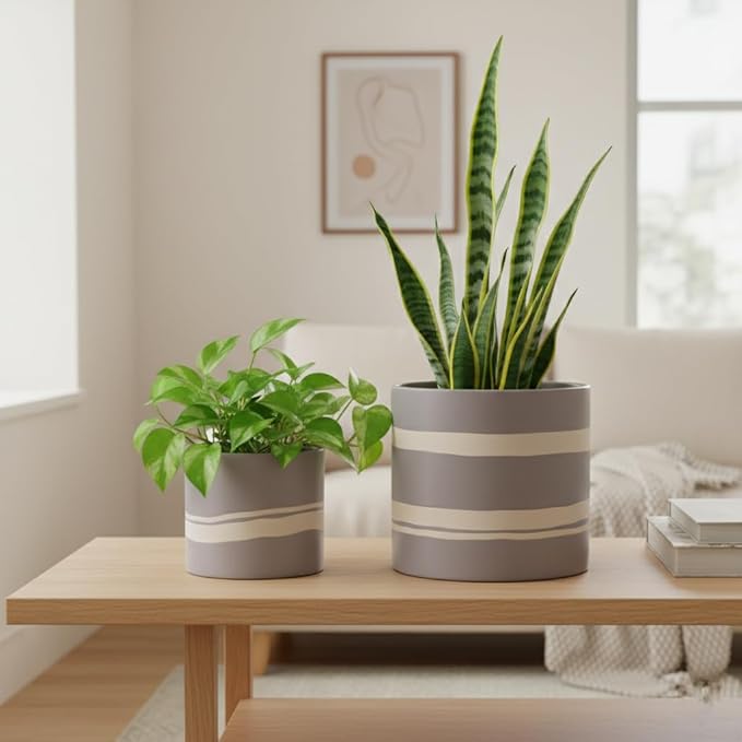 Nihow Modern Ceramic Plant Pot - 5 + 7 Inch Flower Pot for All Indoor Plants - Sturdy Planter Pots with Drainage Hole & Rubber Plugs - Semi-Matte Gray & Nature - Plants Not Included
