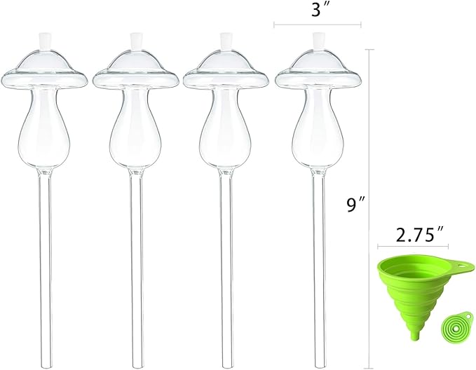 4 PCS Top-Fill Self Watering Globes, Automatic Plant Watering Devices, Transparent Self Watering Planter Insert, Durable Clear Glass Aqua Bulbs for Indoor, Mushroom Shape, & Funnel