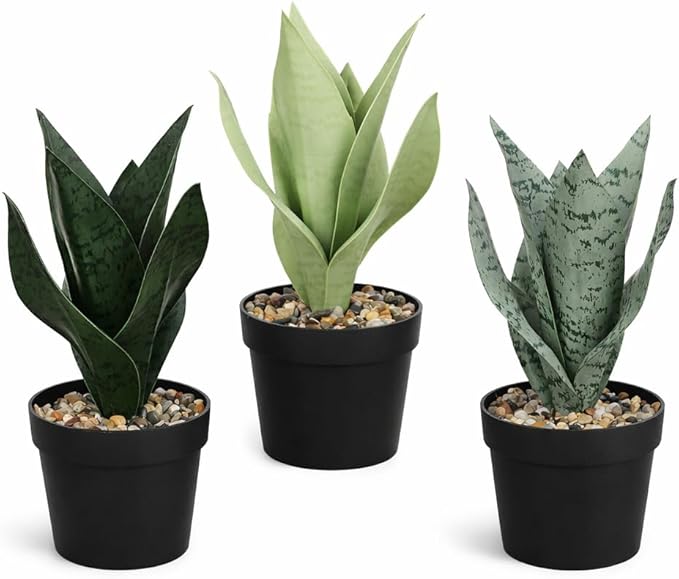 Artificial Snake Plant Artificial Sansevieria Floor Plant Desk Small Fake Plant for Indoor Home Office Decor,Realistic Potted Greenery,10inch (Three pcs.Dark Green,Dark Gary,Light Green)