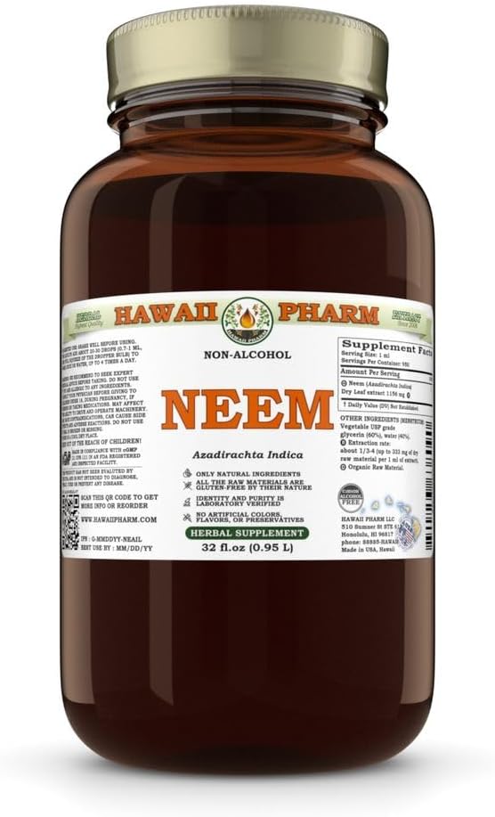 Hawaii Pharm Neem Alcohol-Free Liquid Extract, Professional Grade, Small Batch Crafted Neem (Azadirachta Indica) Dried Leaf Glycerite Natural Herbal Supplement, 32 fl.oz