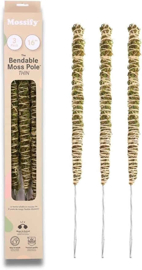 Mossify 16" Thin Bendable Moss Poles – 3-Pack | Flexible Plant Support Stakes for Climbing Plants, Vines, Monstera & Pothos | Natural Coconut Fiber Moss Stick for Indoor & Outdoor Use