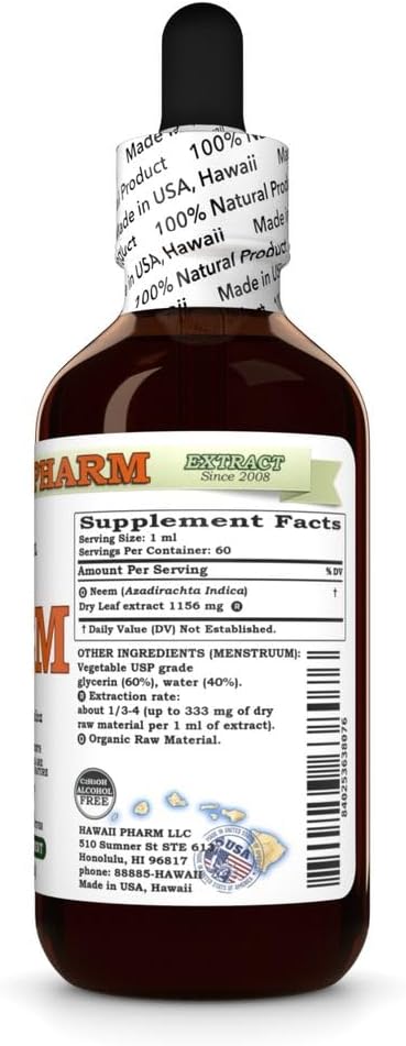 Hawaii Pharm Neem Alcohol-Free Liquid Extract, Professional Grade, Small Batch Crafted Neem (Azadirachta Indica) Dried Leaf Glycerite Natural Herbal Supplement, 2 fl.oz
