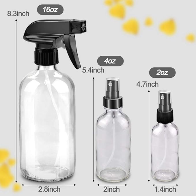 Worldgsb Glass Spray Bottles, 16oz*2+4oz*2+2oz*4 Refillable Containers, Empty Boston Round Bottles with Adjustable Nozzle for Cleaning, Gardening, Aromatherapy, Pets, Plant, Hair - Clear