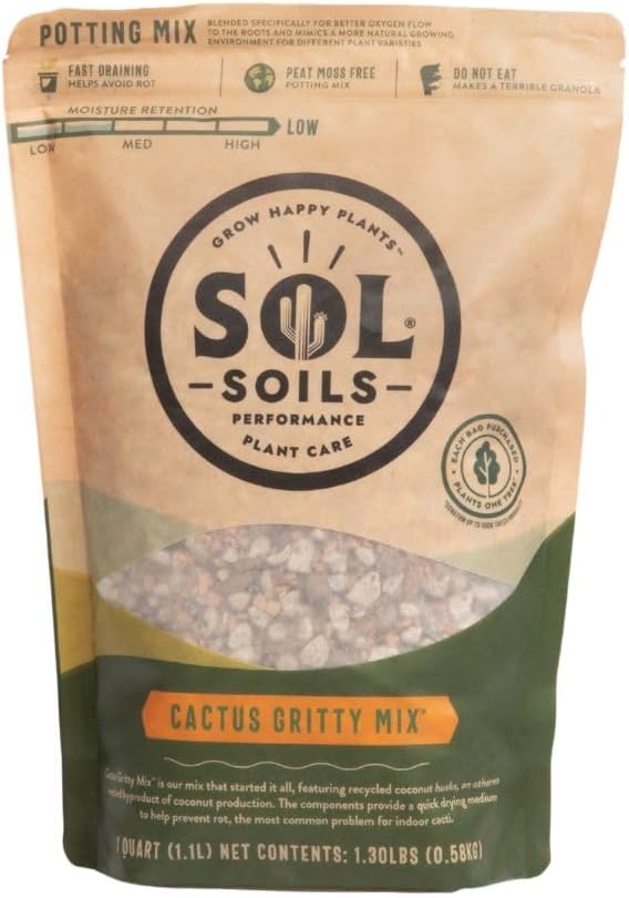 Sol Soils Cactus Soil Potting Mix - Fast Draining, Peat Moss Free, Gritty - 1 Quart - Coconut Husk, Granite, Calcined Clay, Pumice