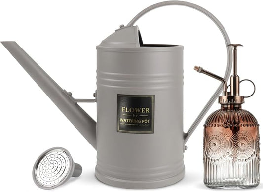 0.5 Gallon Small Watering Can for Outdoor Indoor Plants for House Plants, 12 oz Glass Plant Mister Spray Bottle for Bonsai Garden Flowers (Grey)