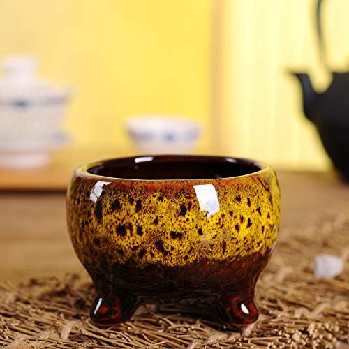 Cute Circular Ceramic Home Garden Decoration Succulent Cactus Flower Pots Container -Plant Not Included (Yellow, 3.7 Inch)