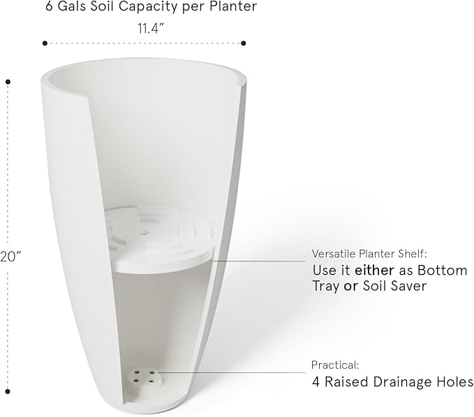 LA Jolie Muse Tall White Planters Set of 2,20 Inch Indoor/Outdoor Round Planters with Shelf Inset,Modern Large Planters with Drainage Holes for Front Door,Balcony and Patio Deck