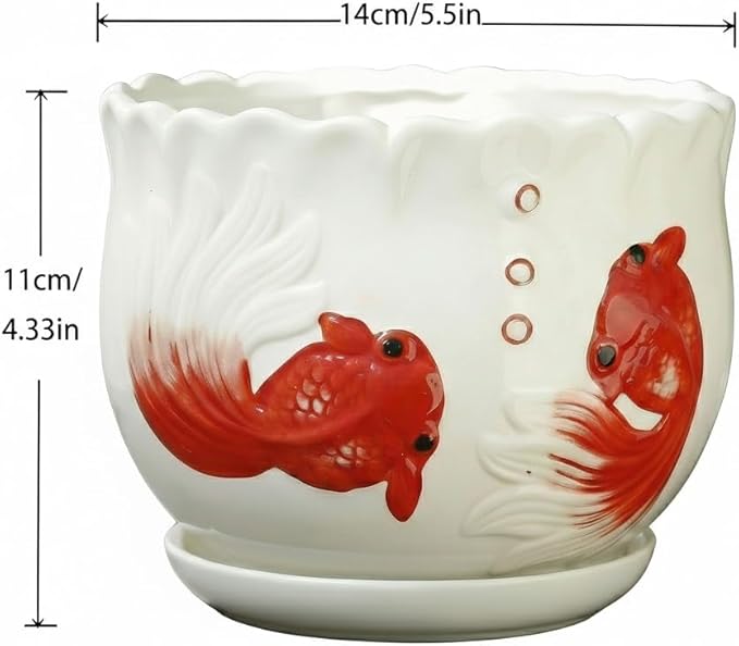 Ceramic Planter with Saucer - 3D Embossed Goldfish Design, Scalloped Edge Decorative Flower Pot for Indoor Outdoor Succulent Cactus, White Porcelain Plant Container with Drainage Hole
