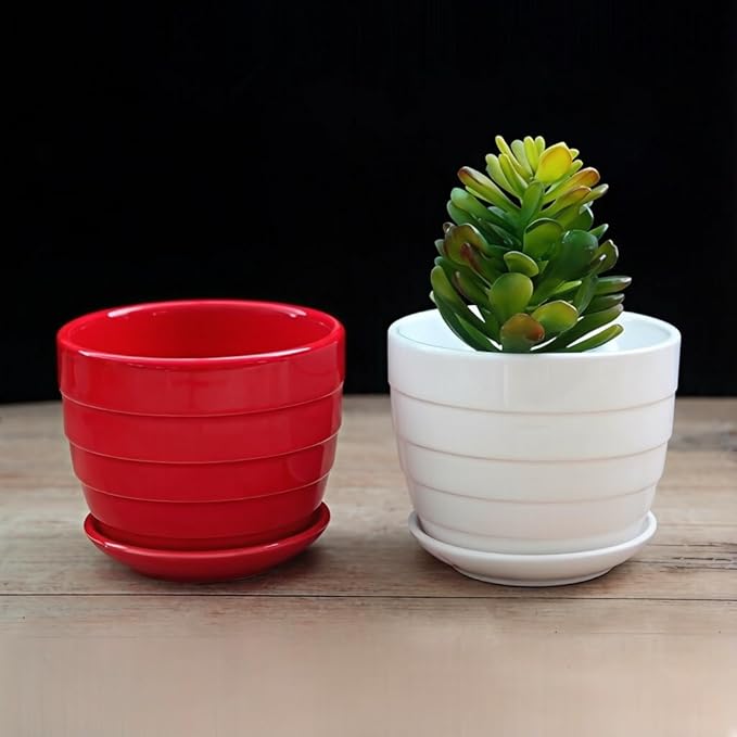 Cute Circular Ceramic Home Garden Decoration Succulent Cactus Flower Pots Container -Plant Not Included (Yellow, 4.13 Inch)