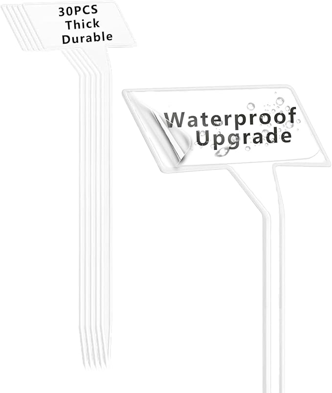 DaTpuik White 30 Pack Outdoor Tall Plant Label, Large Waterproof Plastic Plant T-Type Tags, Durable Nursery Garden Markers, Perfect for Herbs, Flowers, Vegetable with Marking Pen (Height 11.8'')