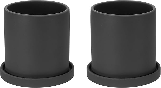 PATIKIL 4.3 Inch Ceramic Plant Pots, 2 Pack Modern Flower Planters with Drainage Holes and Tray for Decorate Home Indoor Plants Succulent Herb, Black