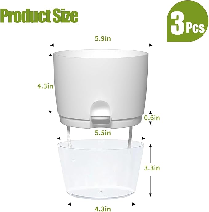 Oliz 6 Inch Self Watering Plastic Plant Pots for Indoor Plants - 3 Pack White Orchid Planters with Wick Ropes & Drainage Holes, Modern Decorative Garden Pots with Water Reservoir