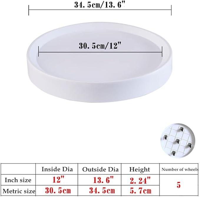 13.6 Inch Plant Caddy with Hidden Wheels, 2-Pack White Rolling Tray for Large Pots, Air Purifiers & Home Decor, Indoor Outdoor Use