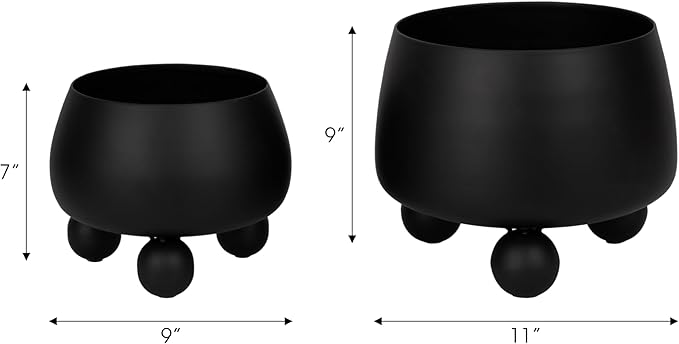 Chic Black Flower Pots and Planters for Indoor Plants Set – Glam Ceramic Planter Set with Modern Design for Home Decor, Orchid Pot, Round Planter, Indoor and Outdoor Planters – 9" & 7", Black