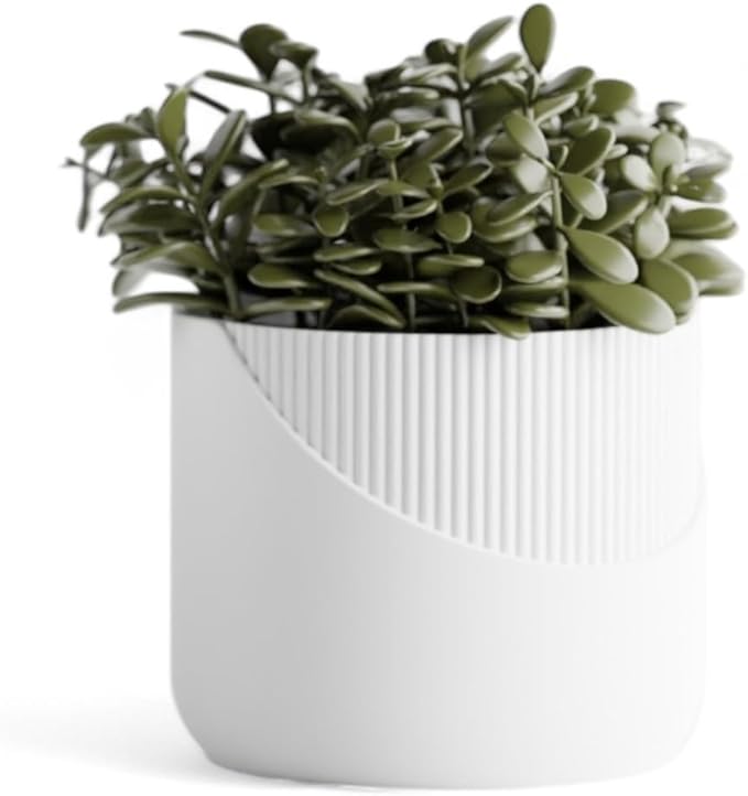 Modern Geometric Planter with Stand – Decorative Indoor Plant Pot with Ridged Top & Smooth Bottom, Stylish Planter for Succulents, Herbs, Small Plants (White - Smooth Body with Ridges and Stand)