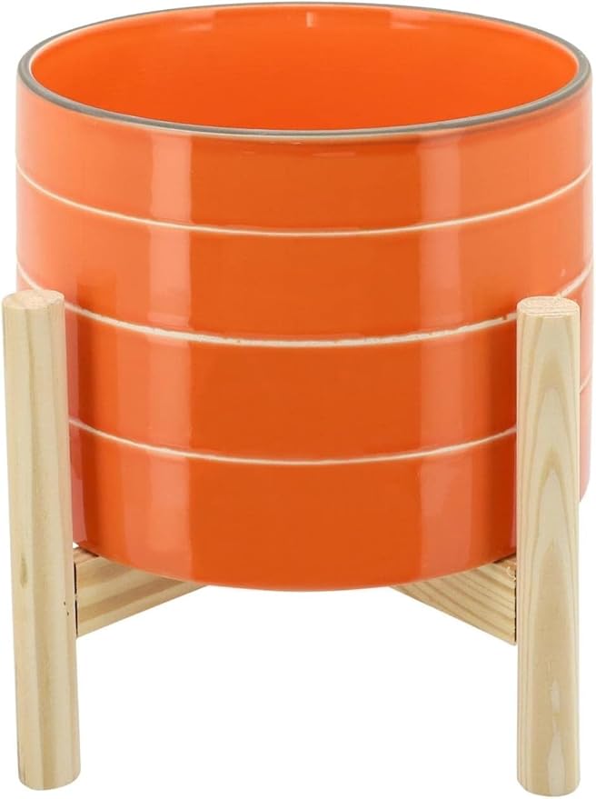 Striped Ceramic Planters with Wooden Stand as Home Decor Flower Pots for Entryway, Patio, Tabletop, and Garden - Colorful Decorative Pots for Indoor and Outdoor Plants - 9", Orange & Tan