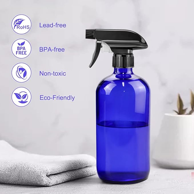 Worldgsb Glass Spray Bottles, 16oz*2+4oz*2+2oz*4 Refillable Containers, Empty Boston Round Bottles with Adjustable Nozzle for Cleaning, Gardening, Aromatherapy, Pets, Plant, Hair - Blue