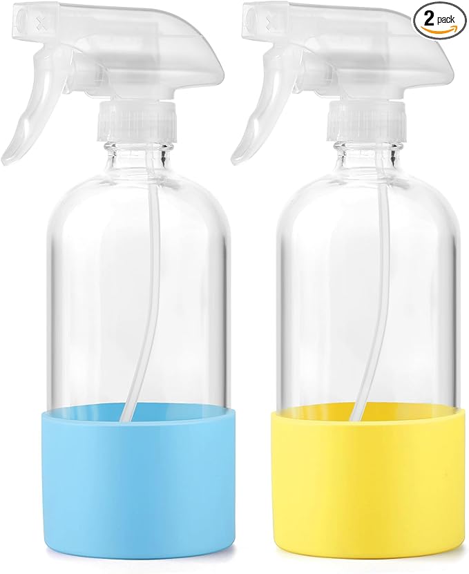 Glass Spray Bottles (2-Pack) with Silicone Sleeve - 16oz Empty Refillable Bottles - Adjustable Nozzle for Hair, Plants, Cleaning & DIY Solutions - Blue & Grey (yellow + turquoise)