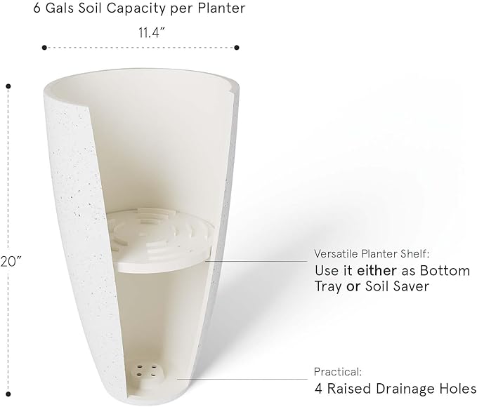 LA Jolie Muse 20 Inch Tall White Planters,Set of 2 Indoor/Outdoor Tall Planters with Shelf Insert and Trays,Modern Large Flower Pot for Front Front Door, Patio and Deck
