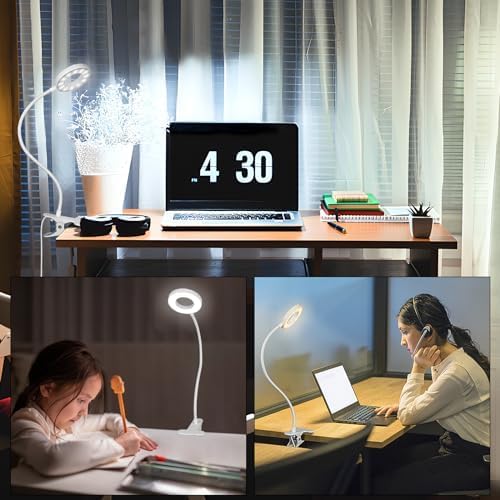 Woputne Desk Clip on Lamp for Reading Home Office, with 5V 2A Adapter, 10 Dimmable Brightness 3 Modes, Clamp Reading Light for Bed Headboard, Craft (White)…