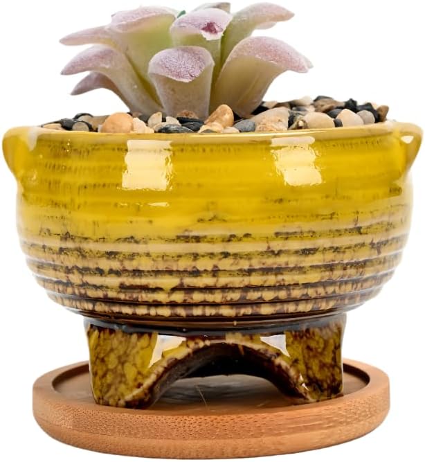 Cute Circular Ceramic Home Garden Decoration Succulent Cactus Flower Pots Container with Bamboo Tray -Plant Not Included (Yellow, 4.02 Inch)