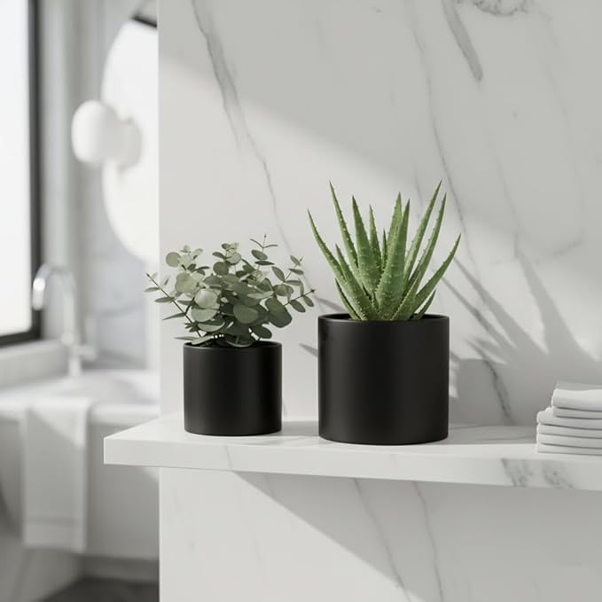 Nihow Flower Pot - 5 & 7 Inch Ceramic Planter Pots for Indoor Plants - Herbs/Snake/Succulent/Orchid Cylinder Plant Pot - Matte Black (Set of 2) - Plants not Included