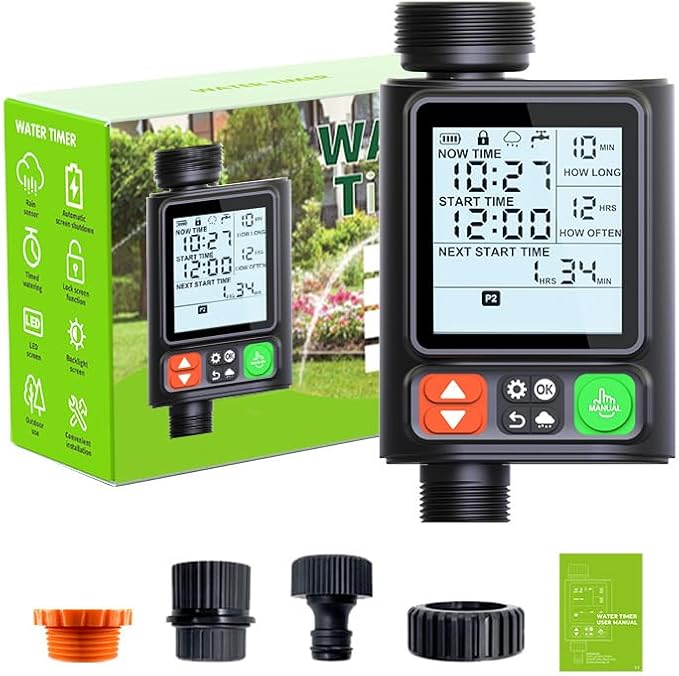 Sprinkler Timer for Garden Hose, Upgrade 10 Program Water Timer with Auto Rain Delay, IP54 Waterproof 3.3“ Large LCD Drip Irrigation System Timers for Plant, Yard, Lawns, Outdoor