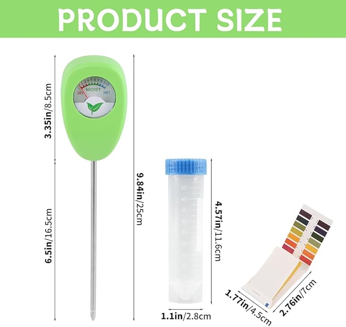 Soil Moisture Meter with Bonus 25 pH Test Strips, 6.5 Inch Probe Plant Water Gauge, Indoor Outdoor Garden, No Battery Required