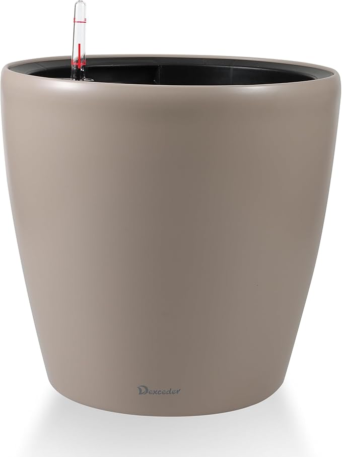 Dexceder 15x14 Self Watering Planter with Wheels Indoor Outdoor, Inner Pot Design, Thickened Large Floor Standing Flower Plant Pot with Water Level Indicator (Taupe Matte)