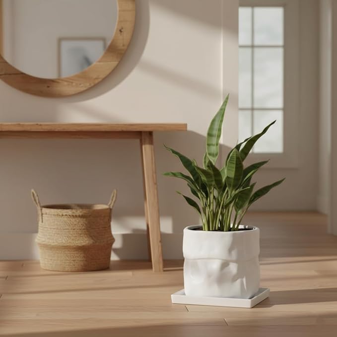 Nihow Ceramic Plant Pot: 8 Inch Planter with Drainage Hole & Square Saucer for Herbs/Plants, Bag Shape Design Flower Pot for Indoor & Outdoor Garden Decor - White