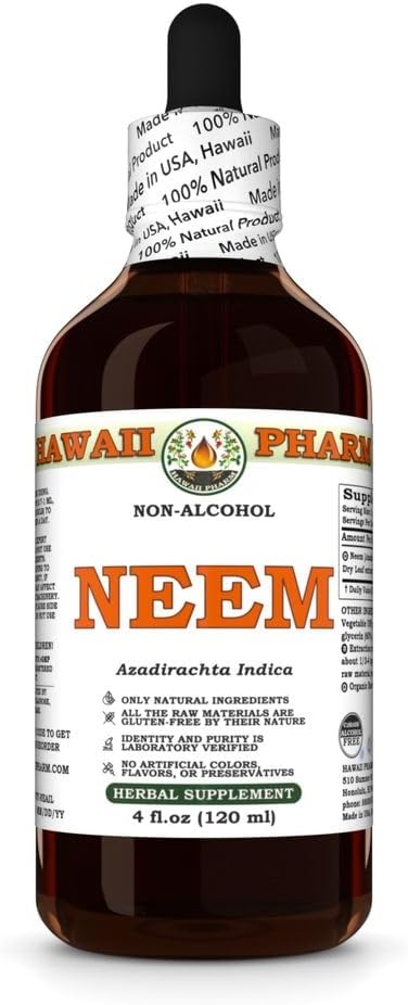 Hawaii Pharm Neem Alcohol-Free Liquid Extract, Professional Grade, Small Batch Crafted Neem (Azadirachta Indica) Dried Leaf Glycerite Natural Herbal Supplement, 4x4 fl.oz