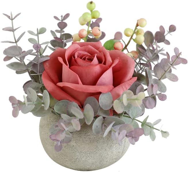 Small Artificial Pink Rose Potted Plant, 6" Fake Silk Flowers in 3.5" Round Pot, Mini Faux Floral Arrangement for Desk Shelf Bathroom Decor