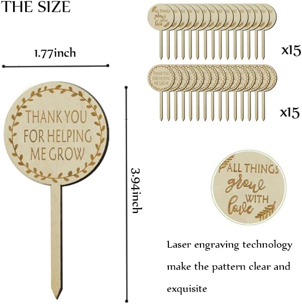 Plant Labels All Things Grow with Love Tags Thank You for Helping Me Grow Plant Markers,Round Plant Stakes Labels Wooden Succulent Tag for Seed Flowers Garden Potted Plants,30 Pack