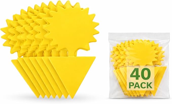 40-Pack Yellow Sticky Fruit Fly Traps for Indoor and Outdoor Plants – Sun-Shaped Fungus Gnat Killer – Non-Toxic, Waterproof, Dual-Sided Adhesive Soil Insert Traps for Potted Plants and Gardens