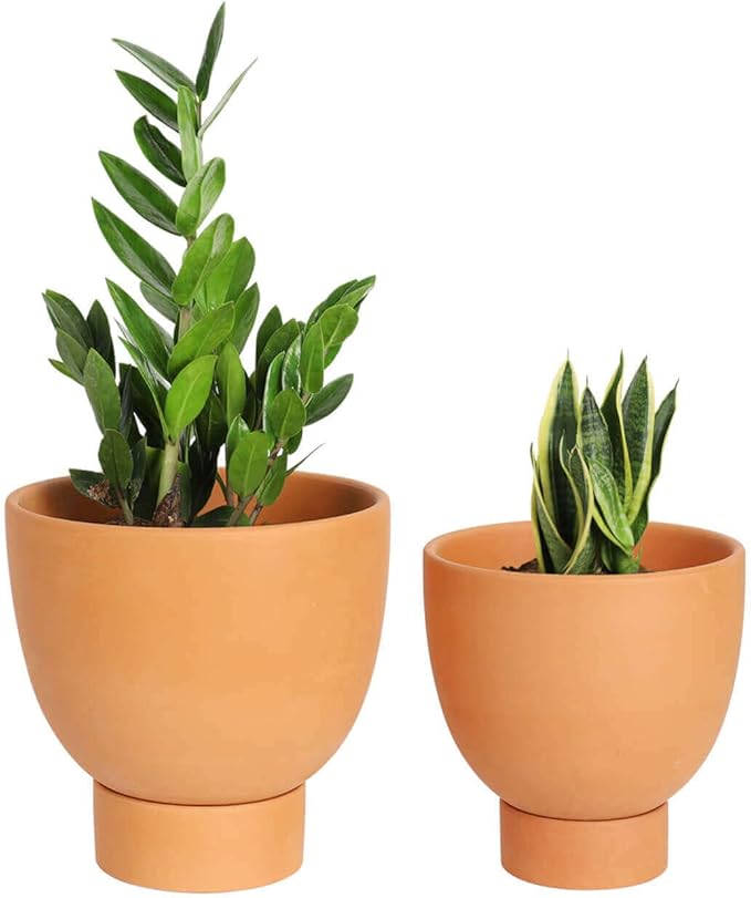 vensovo Terracotta Self Watering Plant Pot - 2 PCS 6 Inch & 8 Inch Terra Cotta Plant Pot with Drainage Hole and Saucer, Small & Large Clay Flower Pot with Tray, Planter for Indoor Outdoor