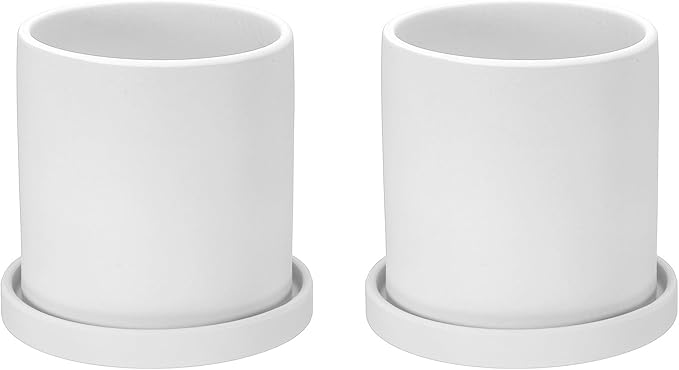PATIKIL 4.3 Inch Ceramic Plant Pots, 2 Pack Modern Flower Planters with Drainage Holes and Tray for Decorate Home Indoor Plants Succulent Herb, White
