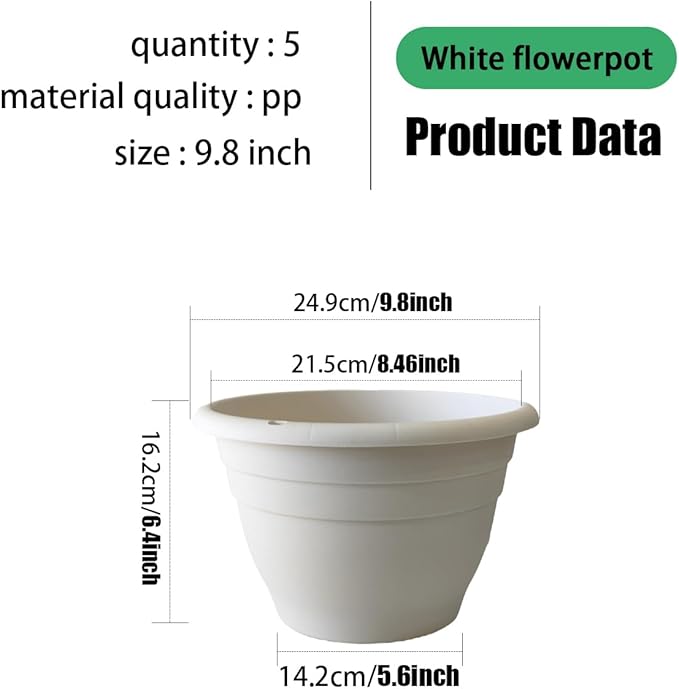RooTrimmer 5 Pack 10 Inch Plant Pots for Indoor Outdoor,Plastic Floor Planters with Drainage Holes,Lightweight Flower Pots for Home,Patio & Garden(White)
