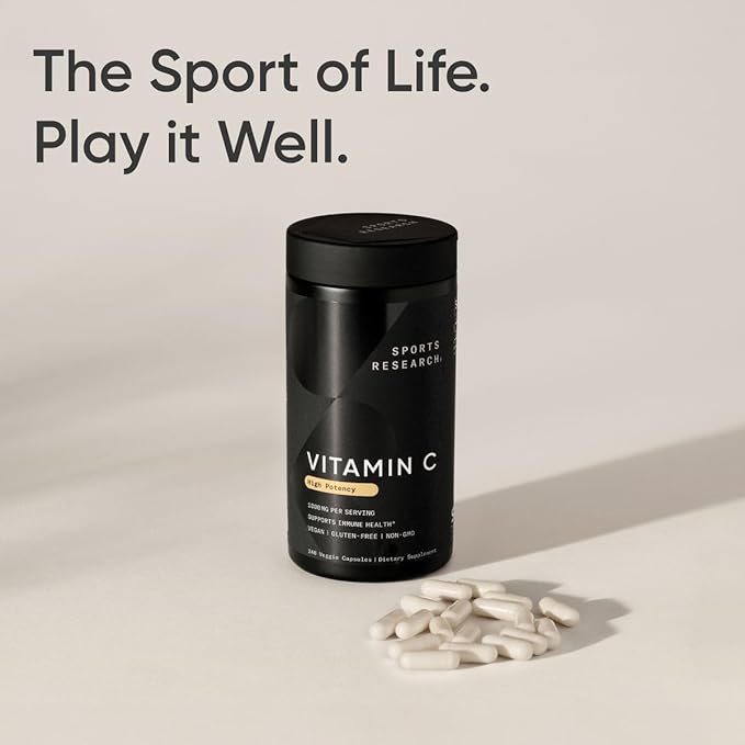 Sports Research High Potency Vitamin C Supplement - Vegan Veggie Capsules for Antioxidant Activity & Immune Support - Non-GMO Verified & Gluten Free - Ascorbic Acid Vitamin C 1000mg, 240 Count