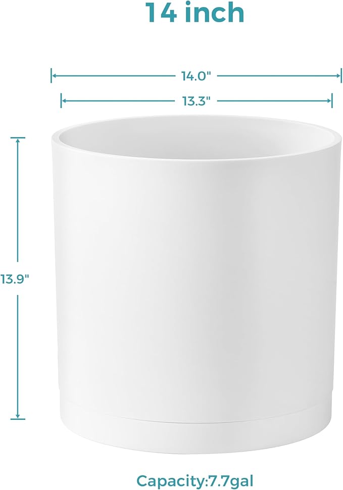 FaithLand 14-Inch Large Modern Cylinder Planter, Thick-Walled Plastic Plant Pot with Drainage Holes and Detachable Saucer, Matte White, Ideal for Indoor & Outdoor Plants Flowers