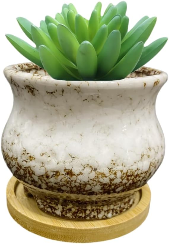 Cute Circular Ceramic Home Garden Decoration Succulent Cactus Flower Pots Container with Bamboo Tray -Plant Not Included (White, 3.94 Inch)