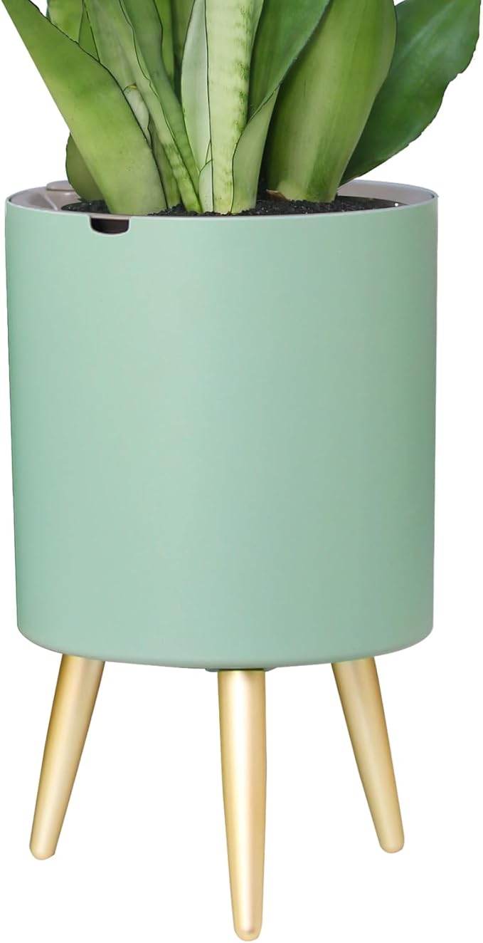 Oliz 7.8 Inch Planter Pot with Metal Craft Legs, Self Watering Planter Pots with Water Shortage Alarm Planter Pot for Indoor Outdoor Modern Planter for Home & Garden (Green)