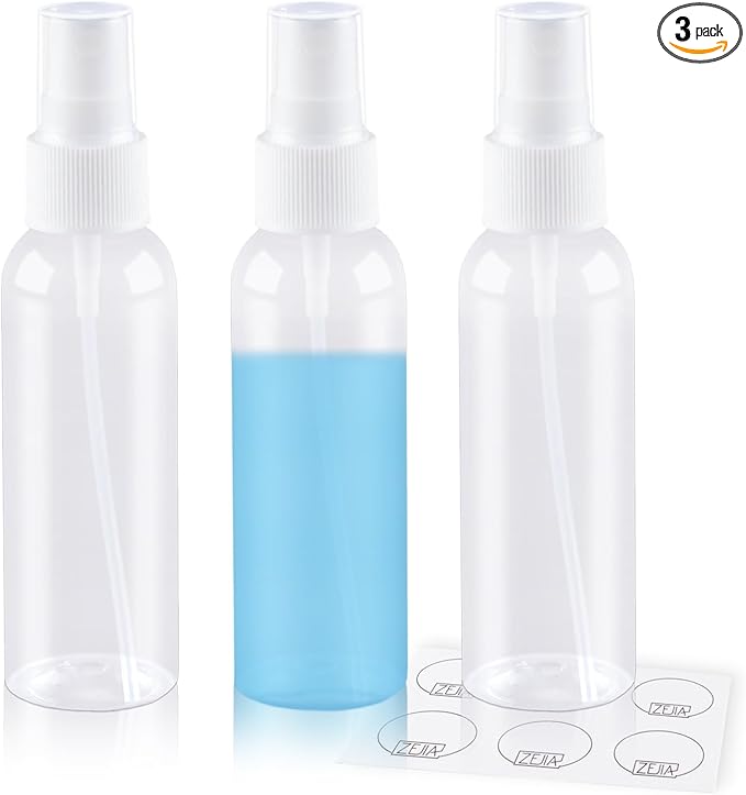 ZEJIA Small Spray Bottles 2OZ, Plastic Travel Spray Bottle, Refillable Mini Spray Bottle for Face, Liquids, Perfume, with Labels (3 Pack)