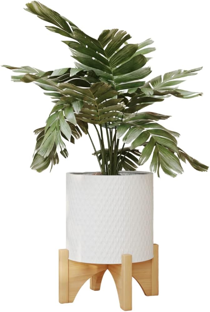 EverNest Claire Boho Modern White Planter with Arch Wood Stand, Indoor Mid-Century Plant Pot, SelectBase, Minimalist Planter Stand Home Décor (Small, 1 Gallon)