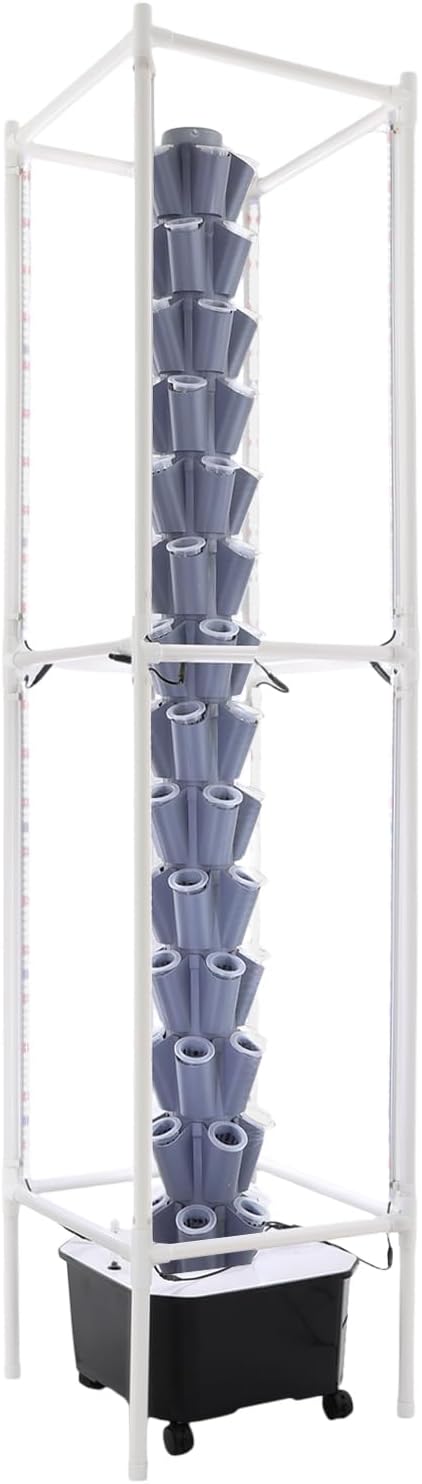 Hydroponic Growing System Kit - 70 Pods Large Vertical Hydroponics Tower with 8 LED Light Strips, 14-Tiers Smart Indoor Herb Garden for Kitchen Office Winter Balcony Planting (Grey)