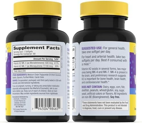 InnovixLabs Full Spectrum Vitamin K2-90 Softgels with 600 mcg of Trans Form MK7 and MK4 - Supports General Health and Bone Strength - Soy and Gluten Free K2 Vitamin Supplement (Pack of 2)