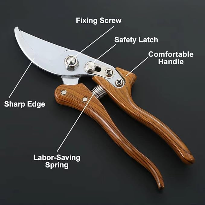 Garden Pruners, Heavy Duty Garden Clippers, Pruning Shears with Adjustable Thumb Lock, Hand Gardening Tools Pruners, High Carbon Steel Sharp Gardening Scissors (wood grain)