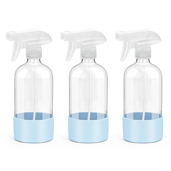 Rionisor Glass Spray Bottles with Silicone Sleeve Protection, Empty 16 oz Refillable Containers, Reusable Spray Bottles with Adjustable Nozzle for Hair, Cleaning Solutions, 3 Pack Blue