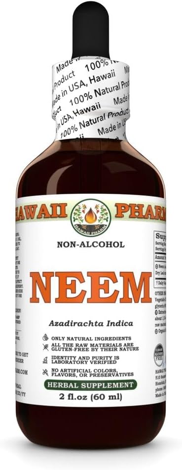 Hawaii Pharm Neem Alcohol-Free Liquid Extract, Professional Grade, Small Batch Crafted Neem (Azadirachta Indica) Dried Leaf Glycerite Natural Herbal Supplement, 2x2 fl.oz