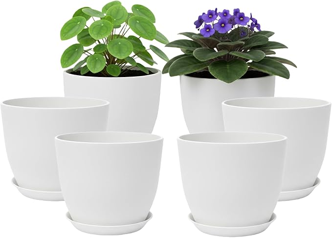 Vanslogreen Plant Pots 8 Inch Set of 6, Flower Pots with Drainage Holes and Saucer, Plastic Garden Planters for Indoor & Outdoor Plants (White)